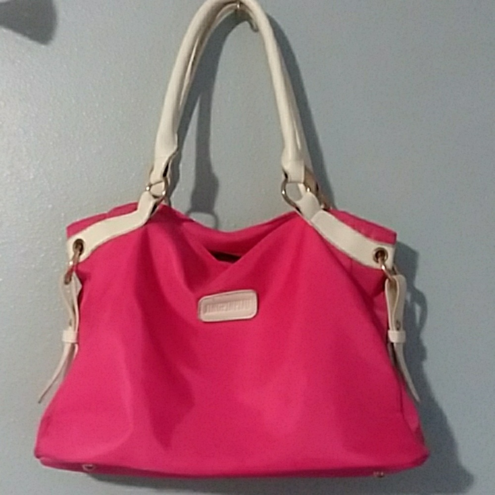 Pink and white purse